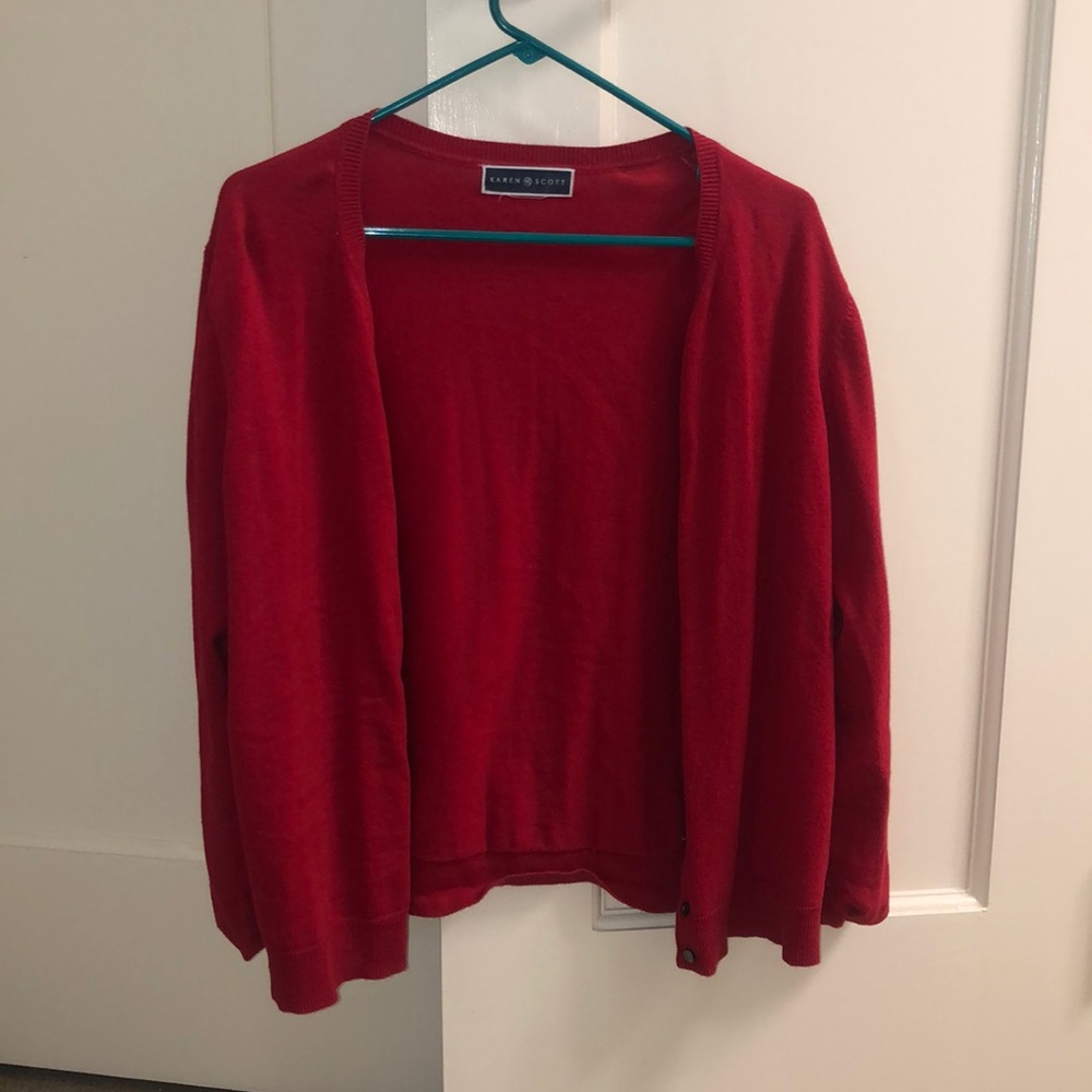 JCPENNEY red cardigan w black buttons